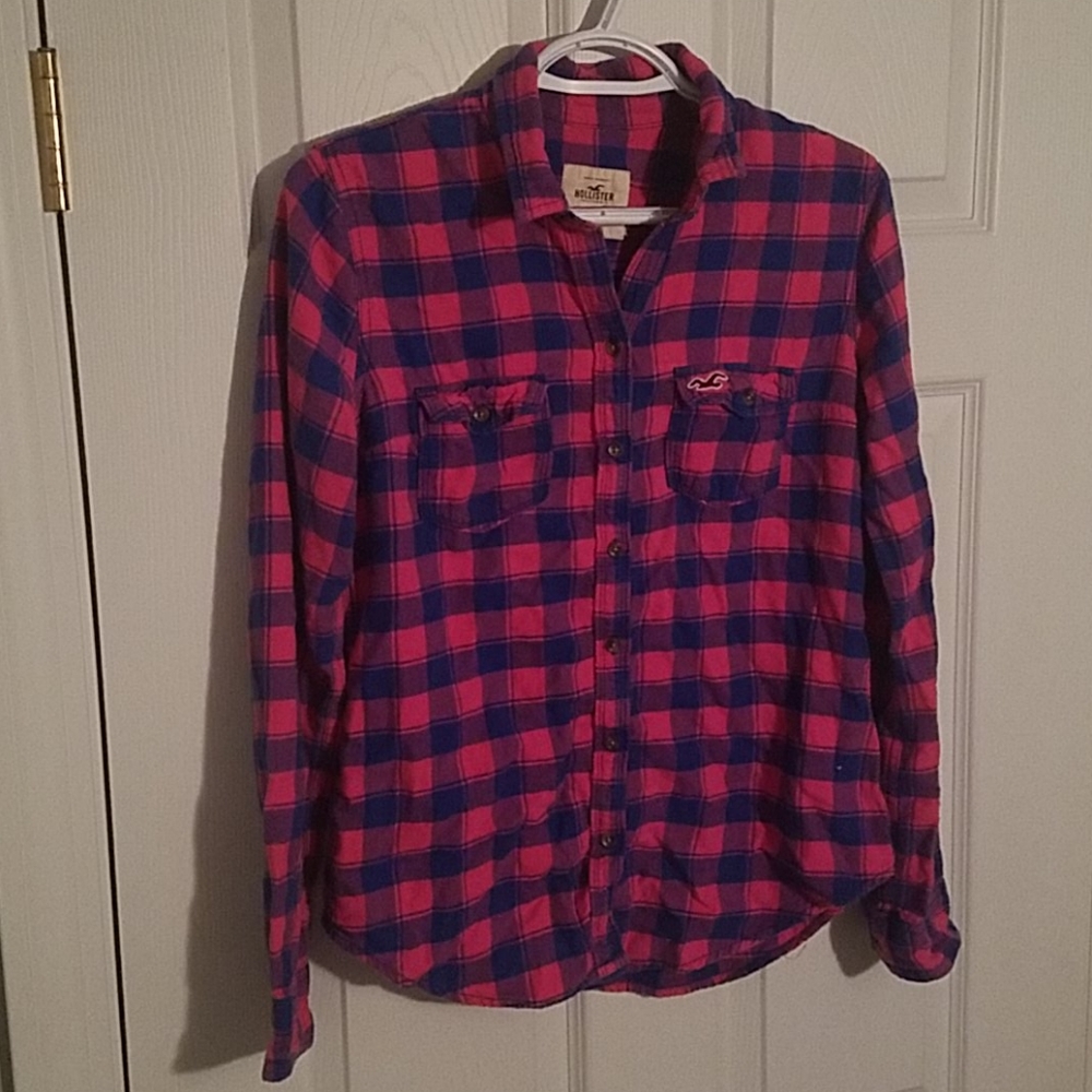 Hollister Plaid Pink Blue Button Down Top Size S